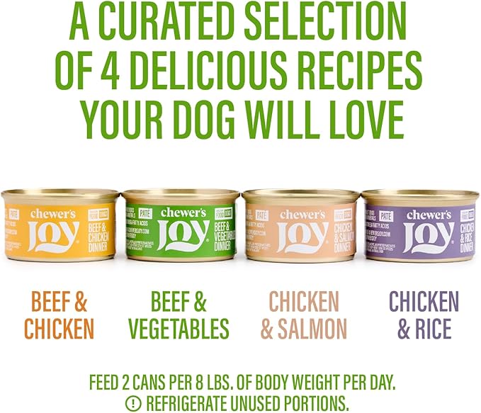Chewer's Joy High Protein Wet Dog Food – Grain Free, No by-Products, No Gums – Natural Pâté – Real Chicken, Beef & Salmon – 12 Pack, 3oz Cans Variety Pack