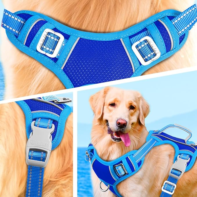 BARKBAY No Pull Dog Harness Large Reflective Dog Harness with Front Clip and Easy Control Handle for Walking Training Running with ID tag Pocket(Sapphire Blue & Blue,L)