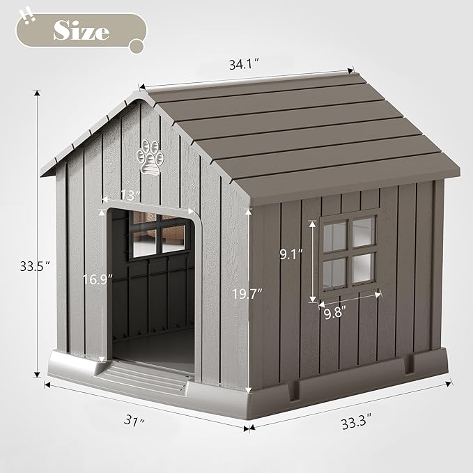 Fancyango Dog House Outdoor Indoor - Waterproof, Ventilated, Easy to Clean, Elevated Floor for Small-Large Dogs, Easy to Assemble (Grey, 31" L x 33.3" W x 33.5" H)