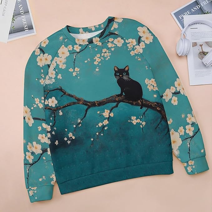 Womens novelty funny cat printed crewneck sweatshirt casual loose long sleeve graphic pullover sweatshirts tops