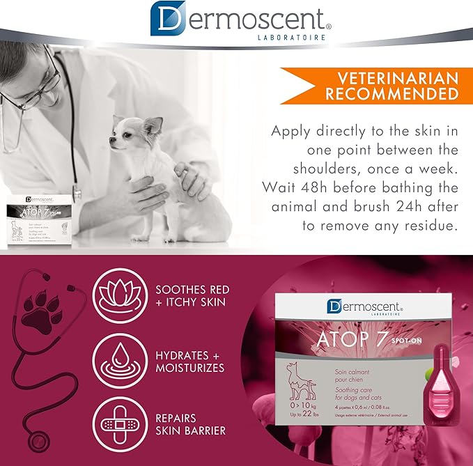 Dermoscent ATOP 7 spot-on - Dogs and Cats Up to 22lbs - Soothing Care for Sensitive, Dry and Itchy Skin or Allergy Prone Skin - Natural Ingredients - 4 pipettes