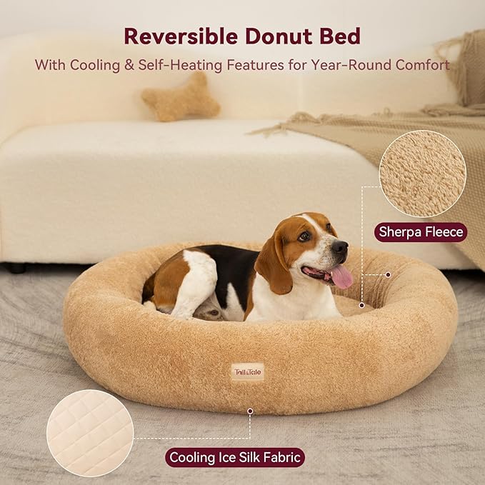 Self-Warming Calming Donut Dog Bed for Medium Dogs – Orthopedic Memory Foam Round Dog Bed, Anxiety Relief & Joint Support, Waterproof Liner, Washable Removable Cover, Non-Slip Bottom, Plush Bolster