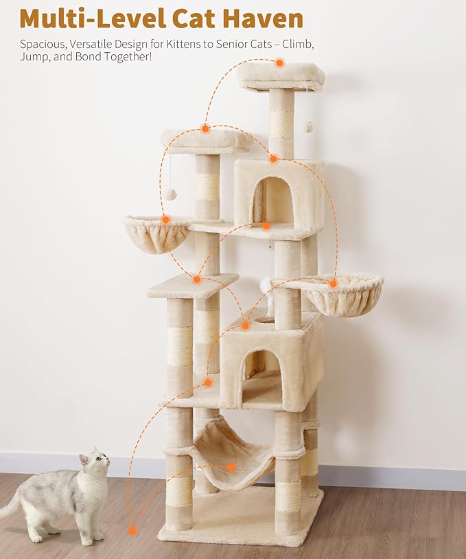 AMHANCIBLE Tall Cat Tree, 70 Inch Cat Tower for Indoor Cats, Multi-Level Cat Tree with Scratching Post, Hammock, Hanging Basket, Large Cat Condos for Adult Cats Kittens, Beige, PT18BG