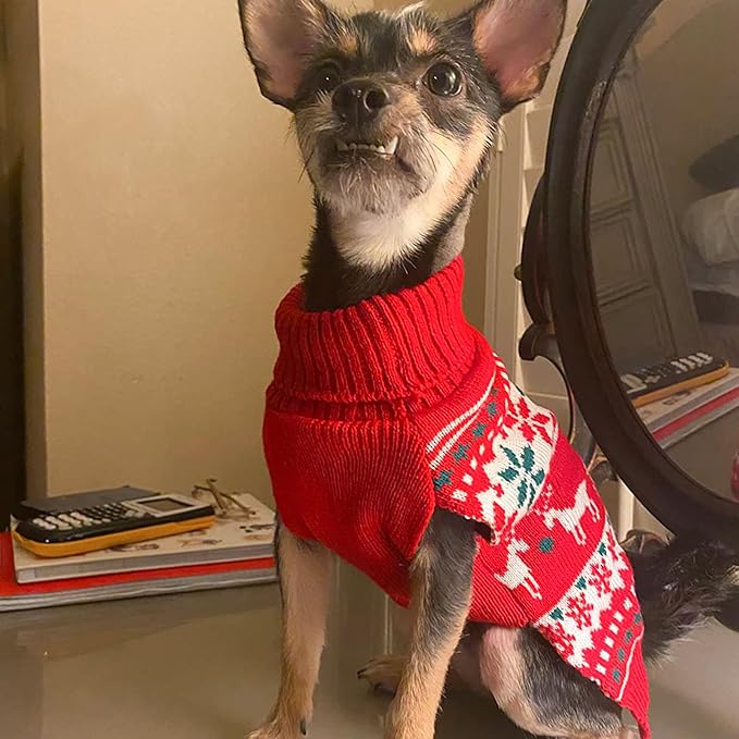 KYEESE Dog Christmas Sweater, Warm Turtleneck Dog Sweater for Small Dogs Boy Girl with Snowflake & Reindeer Pattern, Cozy Winter Doggie Knitwear with Leash Hole, Festive Holiday Outfit, Medium