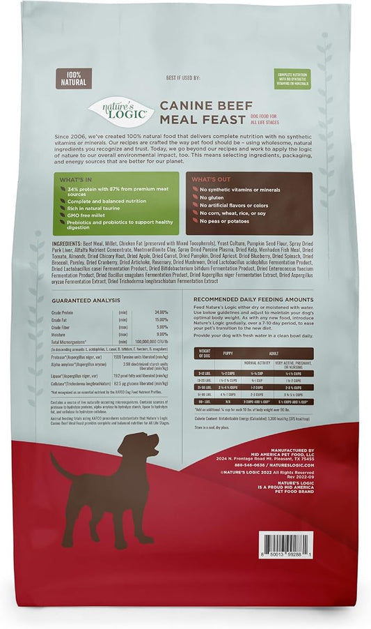 NATURE'S LOGIC Dry Dog Food - 100% Natural - No Synthetics - for All Ages, Sizes, Breeds - Free from Common Allergens, High Protein - Beef Meal Feast, 13lbs