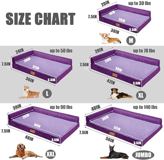 Patas Lague Orthopedic XL Dog Bed Large Sized Dog 48''X30'', Waterproof L Bolster Big Pet Sofa Beds with Removable Washable Cover, Soft Comfortable Pet Couch Crate Mat with Nonskid Bottom, Purple