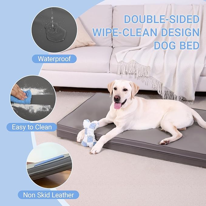 Vonabem Waterproof XXL Dog Beds Large Sized Dog, Outdoor Orthopedic Crate Pad, Washabel Durable Leather Anti-Slip Kennel Bed 47"x29", Graphite Grey