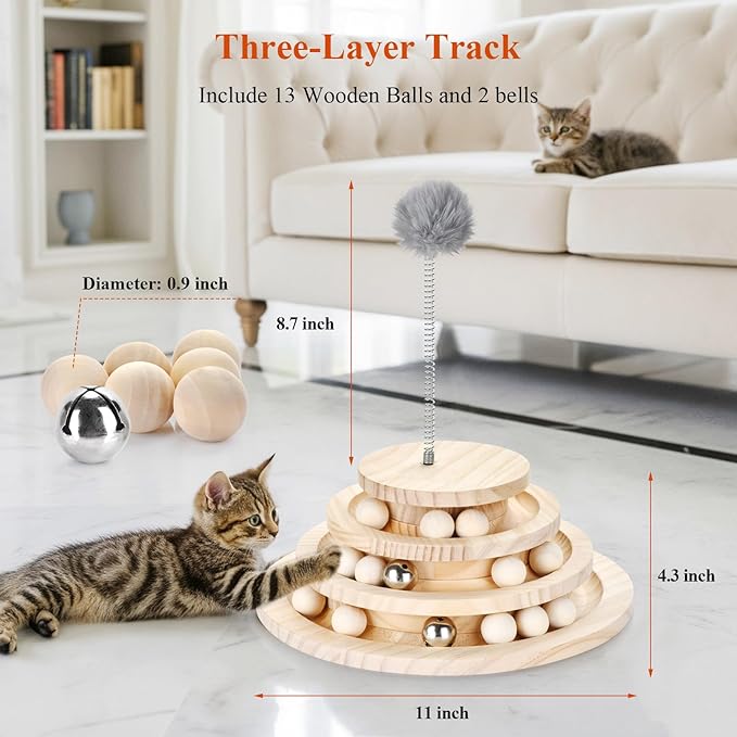 SMICEM Large Upgraded Cat Track Ball Toy with Bell & Teaser Wand - 3-Layer Tower Roller, Interactive Wooden Cat Toy for Mental & Physical Exercise, Double Fun for Kittens & Adult Cats