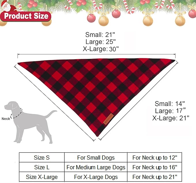 ADOGGYGO Christmas Dog Bandanas 2 Pack, Premium Cotton Fabric, Multiple Sizes Offered, Red Green Plaid Bandanas for Medium Large Dogs (Large, Xmas)