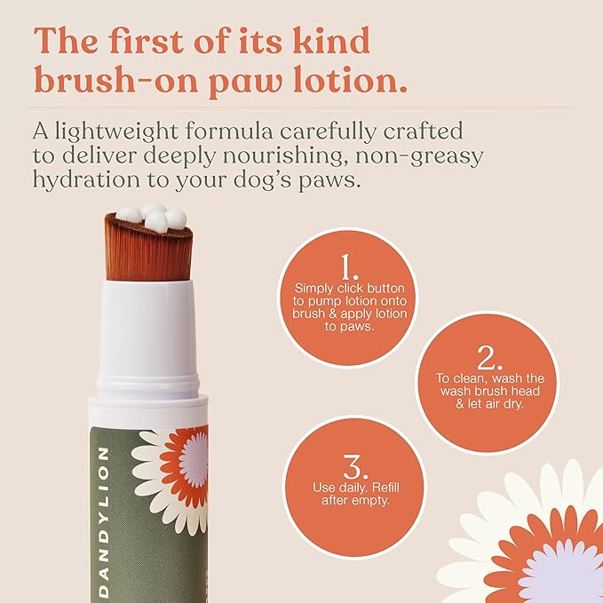 Dandylion Soft Paws Dog Lotion with Brush | Dog Paw Balm & Paw Butter | Hydrating, Vet-Approved, Lick-Safe, Fragrance-Free | pH-Balanced for Itchy, Dry, Cracked Paws | 0.6 fl oz