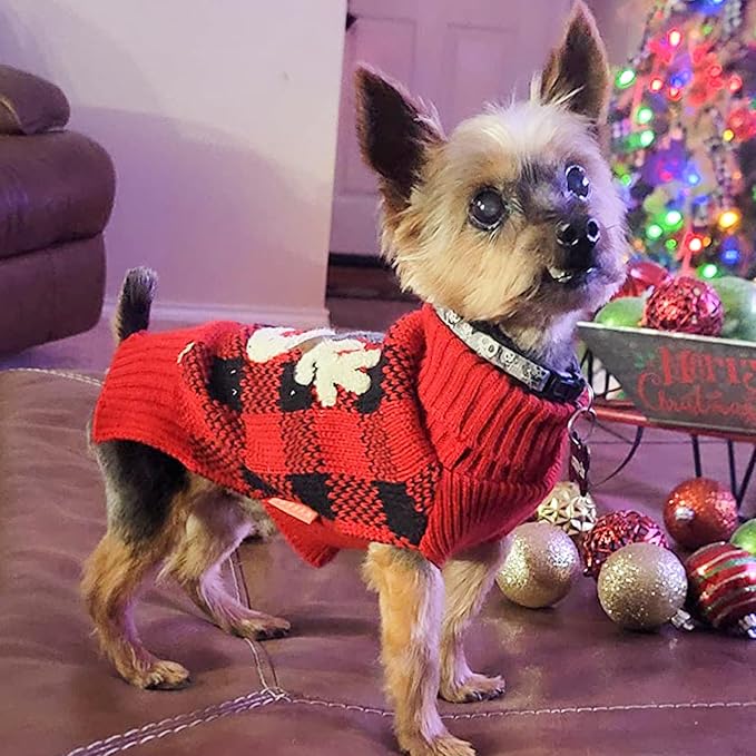 KYEESE Dog Christmas Sweater with Reindeer Pattern Cozy Winter Outfit Boy Girl Red Buffalo Plaid Knitwear Turtleneck Dog Sweater for Small Dogs with Leash Hole Soft Warm Pet Clothes, Small