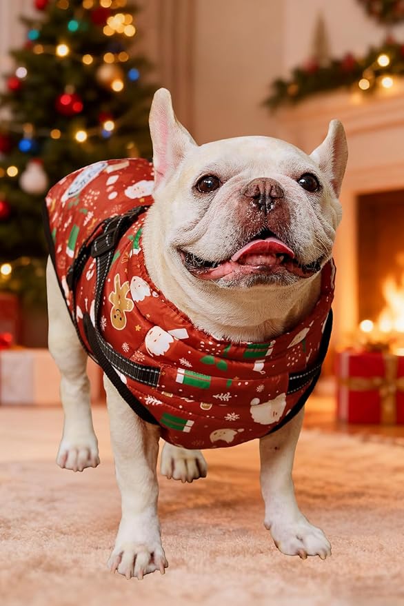 Aiboria Dog Jacket Windproof Fleece Dog Sweater with Padded Vest Chest Strap Harness Dogs Coat Christmas Red L