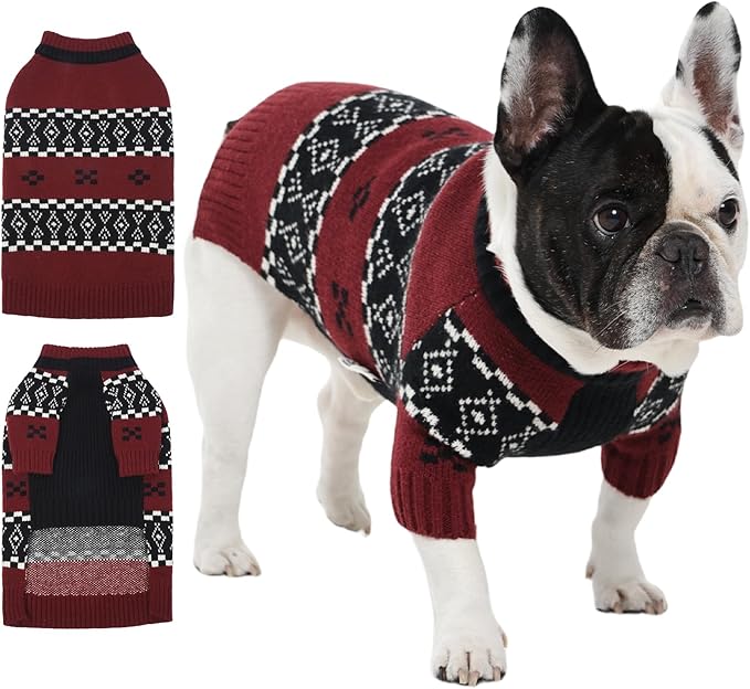 IECOii Large Dog Sweater for Male Dogs, XL Boy Dog Sweater Pullover Knitwear for Winter, Fair Isle Pattern for Holiday Sweaters, Stretchy Mid-Neck Knitted Clothes for Outdoor Adventures,DarkRed,XLarge