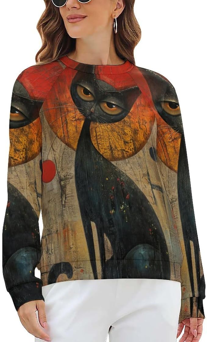 Biacolum Long Sleeve Shirts for Women Mid Century Retro Style Atomic Cat 3D Graphic Sweatshirts Fall Crewneck Pullover Top