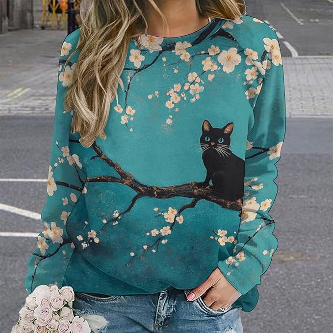 Womens novelty funny cat printed crewneck sweatshirt casual loose long sleeve graphic pullover sweatshirts tops