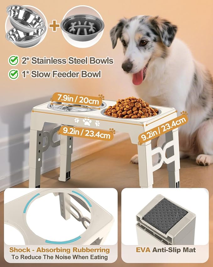 Elevated Dog Bowls, Dog Feeder with Stainless Steel Dishes & Slow Feeder Bowl, 5 Heights Adjustable Raised Stand for Medium Large, Food Dishes with Non-Slip Feet