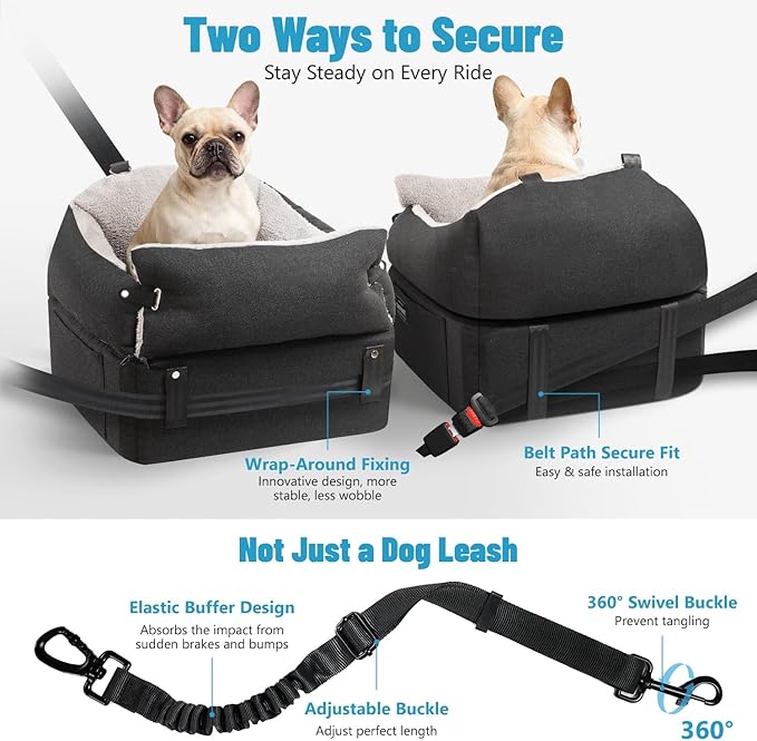 EASTBLUE Dog Car Seat for Small Medium Dogs Up to 35 lbs, 2 Memory Foam Pads Dog Booster Car Seat with Seat Belt, Washable Pet Carseat for Puppy & Cat, Dogs Travel Bed for Cars (Black/Grey-Fleece)