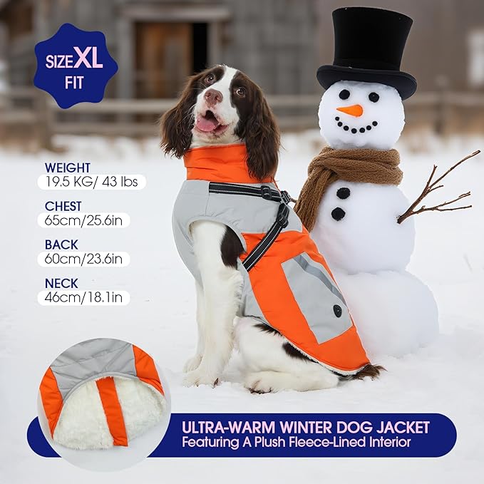 FUAMEY Dog Winter Jackets for Medium Dogs,Dog Coat with Harness Built in,Waterproof Dogs Snowsuits Warm Pet Jacket Zip Up Fleece Cold Weather Coats Reflective Safety Pets Hunting Vest Orange M