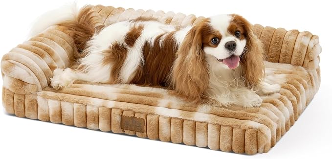 Cute Dog Bed, Faux Fur Orthopedic Foam Dog Bed with Sides, Removable Washable Cover & Waterproof Lining, Comfortable Pet Couch for Small Dogs, Tie-Dye Brown (30" L x 20" W x 6" Th)
