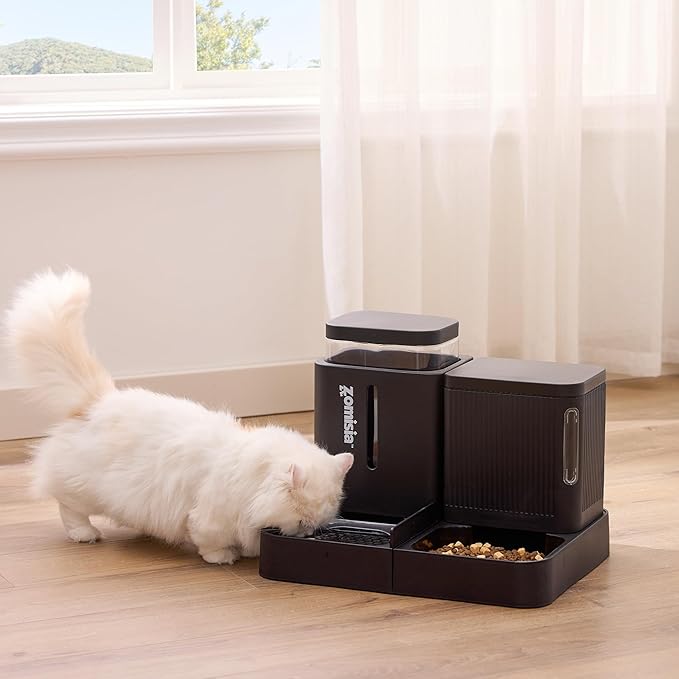 Gravity Cat Feeder and Water Dispenser, 2 in 1 Automatic Cat Feeder with 180 Degree Rotatable, 2 Pack Large Capacity Self Feeding for Small Medium Dog Puppy Kitten, Black, 1.6GALx2