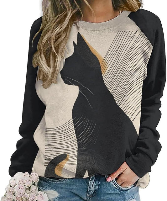 Biacolum Long Sleeve Shirts for Women Mid Century Retro Style Atomic Cat 3D Graphic Sweatshirts Fall Crewneck Pullover Top