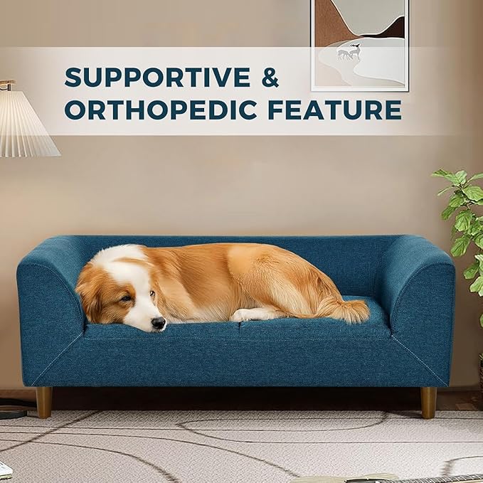 Dog Sofa Couch for Medium Dogs with Backrest and Armrest, Memory Foam Dog Sofa Bed, Modern Elevated Pet Couch Bed with Wooden Legs, Blue