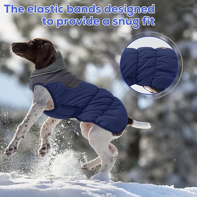 EMUST Dog Coats for Large Dogs, Reflective Warm Pet Fleece Jacket Snowsuit for Cold Weather with Furry Collar, Windproof Warm Fleece Dog Puffer Jacket, Dark Blue L