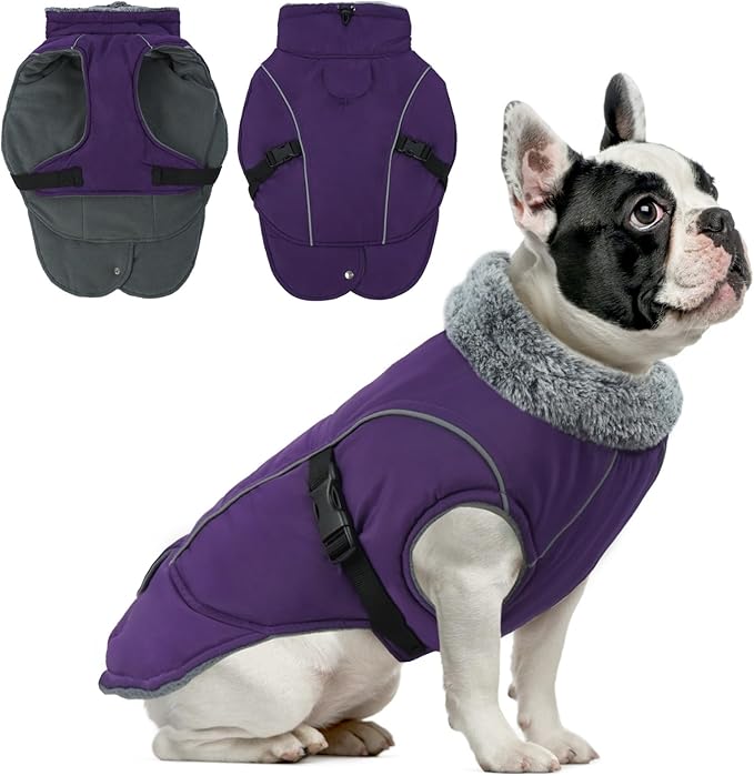 DENTRUN Winter Warm Dog Coat Reflective Jacket with Turtleneck for Cold Weather, Adjustable Buckle Windproof Water Repellent, Thick Snowsuit Fleece Vest for Small, Medium, Large Dogs, Purple, S