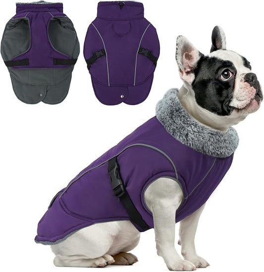 DENTRUN Winter Warm Dog Coat Reflective Jacket with Turtleneck for Cold Weather, Adjustable Buckle Windproof Water Repellent, Thick Snowsuit Fleece Vest for Small, Medium, Large Dogs, Purple, S
