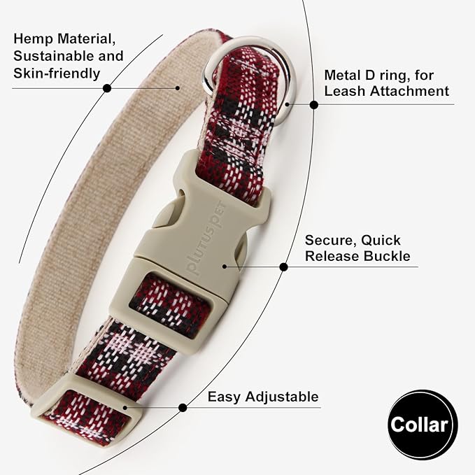 Plutus Pet Cotton Hemp Dog Collar and Leash Set, Adjustable Collar for Small, Medium, and Large Dogs, Heavy Duty and Soft on Skin, Red Plaid, XS