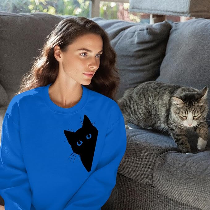 Cat Sweatshirts for Women Graphic Print Sweatshirt Funny Long Sleeve Shirt Cute Pullover Lightweight Hoodie Tops