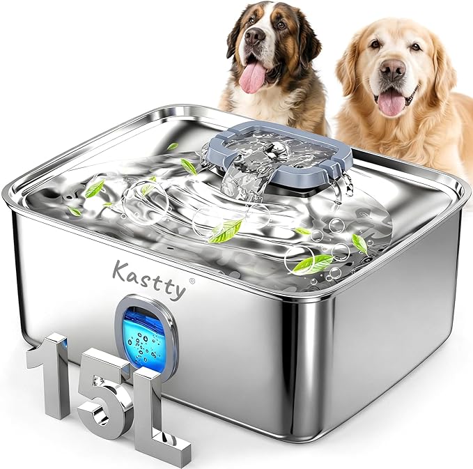 Kastty 15L/3.96 Gal Stainless Steel Dog Water Fountain, Large Capacity Dog Water Bowl Dispenser Quiet LED Light Triple Filtration BPA-Free, Automatic Pet Water Fountain Easy Cleaning for Pet FS76