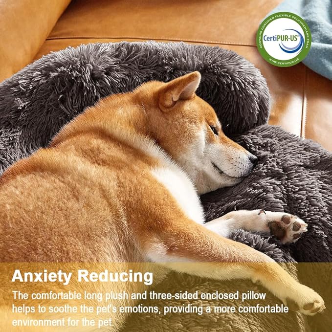 Codi Calming Dog Bed for Couch – Anti-Anxiety Sofa Protector Mat for Medium Dogs, 35''x31''x5'', Machine Washable, Fluffy & Cozy with Non-Slip Bottom, Ash Brown