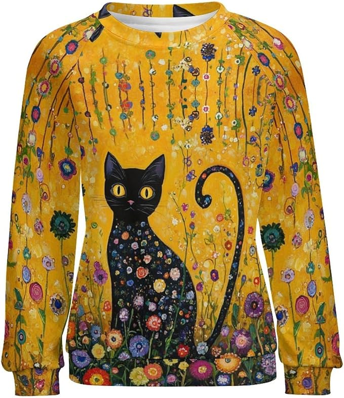 Womens novelty funny cat printed crewneck sweatshirt casual loose long sleeve graphic pullover sweatshirts tops