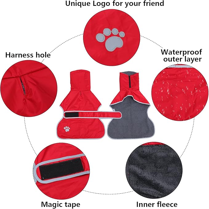 Geyecete Dog Winter Coat Greyhound Raincoat Fabric with Lamb Velvet Inside Outdoor Dog Apparel with Adjustable Bands for Medium, Large Dog-Red-M