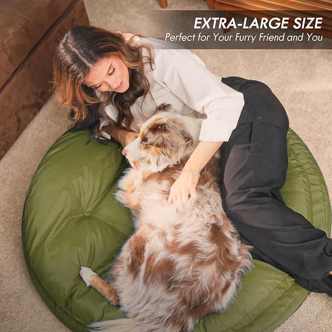 ClevaHome Orthopedic Dog Bed for Large Dogs, Dual Layer Water Repellent Round Pet Bed with Washable Cover Nonslip Bottom (Olive Branch)