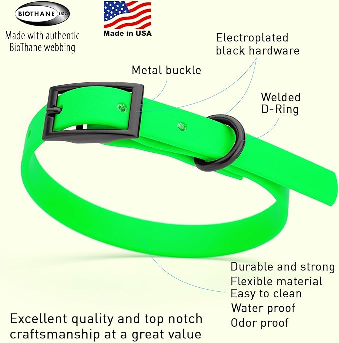 Dogline Biothane Coated Webbing Dog Collar with Black Metal Hardware: Durable Easy-Clean Everyday Collar for Dogs - Comfortable Adjustable Odor-Resistant Pet Collar, W1/2" x L9-12, Tropical Green