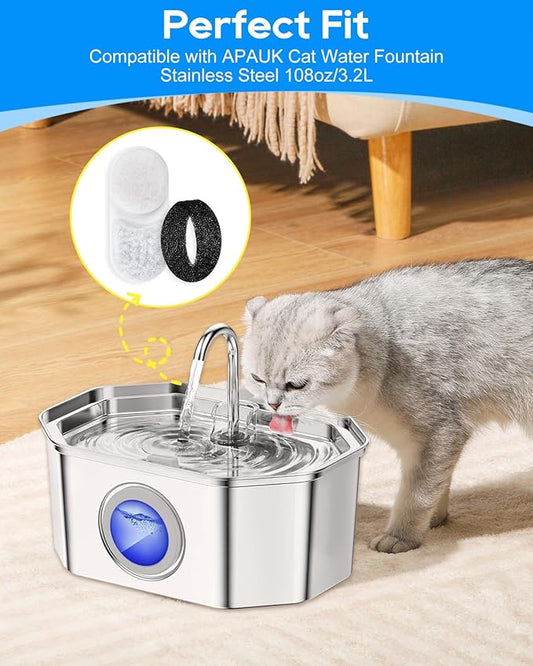 Cat Water Filter Replacement Compatible with APAUK 108oz/3.2L Cat Fountain, Filters for Cat Water Fountain Activated Carbon Water Filter for Fountain & Sponges, 6+6 Pack