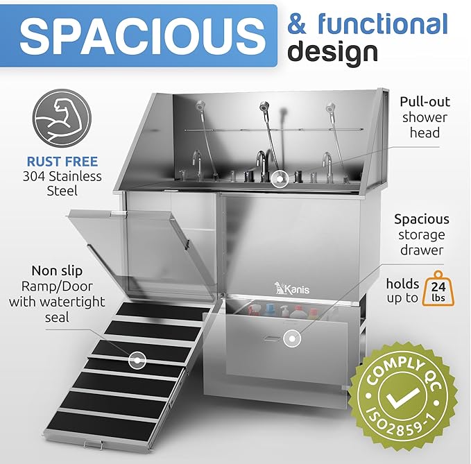 KANIS - 50" Professional Stainless Steel Dog Bathing Station, Left RAMP + 49" Professional Electric Dog Grooming Table, White