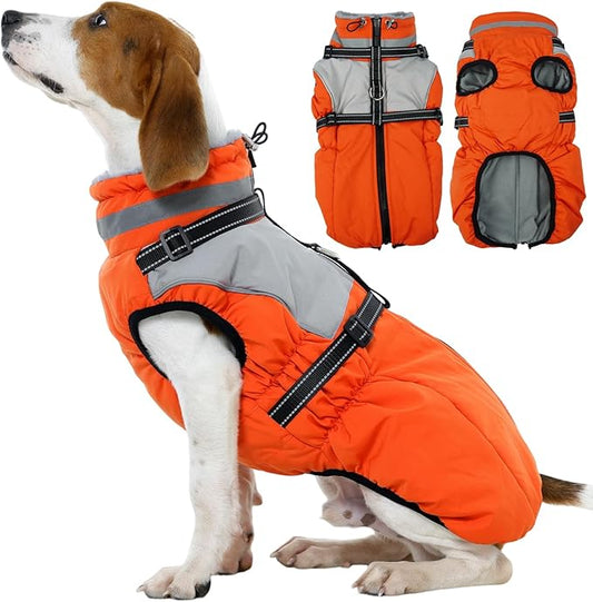 Kuoser Dog Coat, 2 in 1 Dog Jacket with Harness Built in, Winter Waterproof Puppy Puffer Jacket Snowsuit for Small Medium Large Dogs, Cold Weather Reflective Pet Fleece Hunting Vest with Zipper