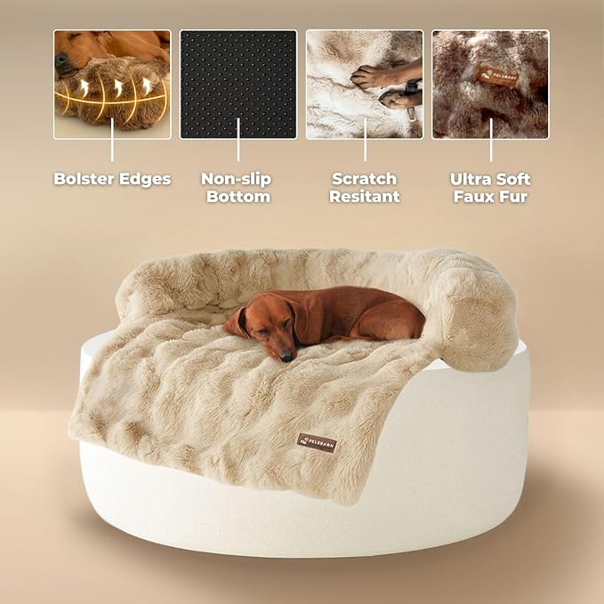 Pelsbarn Dog Bed for Couch, Luxurious Sofa Bed for Dogs with Non-Slip Oxford Bottom - Faux Rabbit Fur with Removable Cover, Small, Beige - 28x28 in