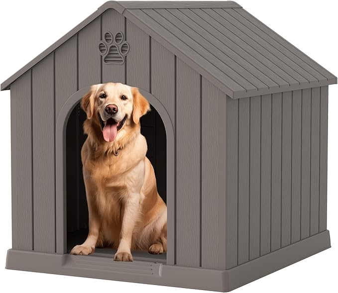 Large Dog House Outdoor Indoor for Medium Large Dogs, Sturdy Plastic Waterproof Doghouse with Air Vents and Elevated Floor, Easy Clean and Assemble (Light Grey, 36.2''L×38''W×38''H)