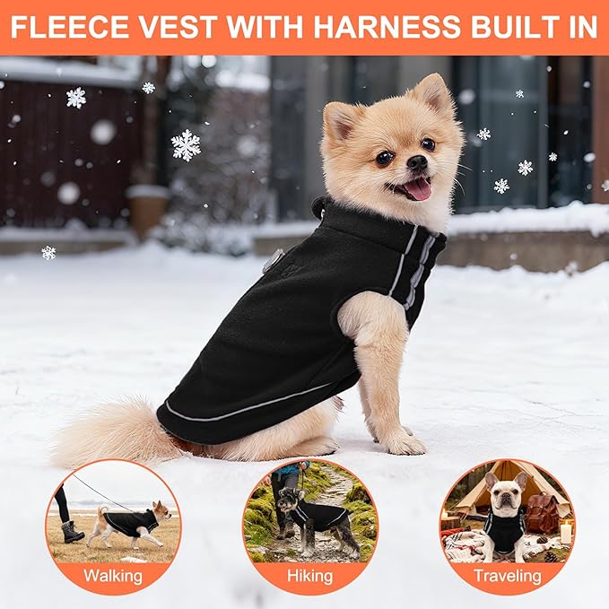 BEAUTYZOO Dog Fleece Vest Sweater Winter Jacket Zip Up Warm Pullover Step-in Dog Clothes with D-Ring Leash Cold Weater Reflective Coat Hoodie for for XS S M Dogs Puppy Cat Boy or Girl, Black Small