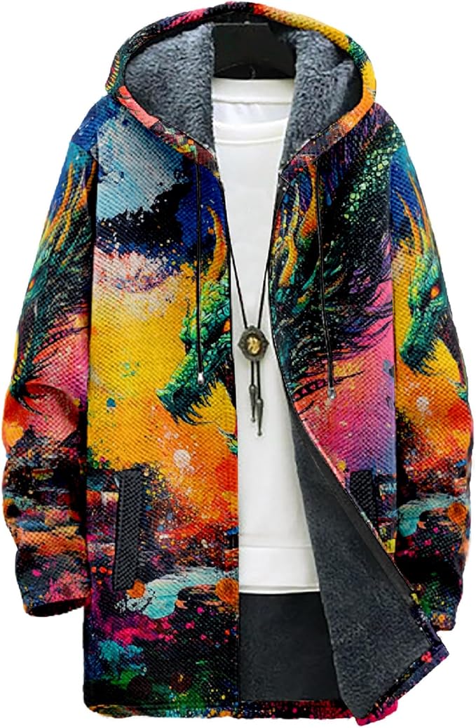 MARSVOVO Cool Hippie Long Cardigan Hoodies for Men Zipper Fleece Lined Knit Coat Skull Animal Print Graphic Jackets