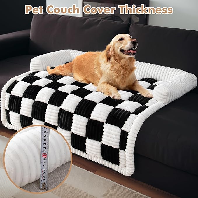 LiveGo Fuzzy Pet Couch Covers for Sofa, Dog Couch Cover Fuzzy Sofa Cover Cream Square Plaid Dog Bed Plush Dog Mat for Furniture Protector for Large Medium Dogs and Cats (Black, 29.5"*29.5")