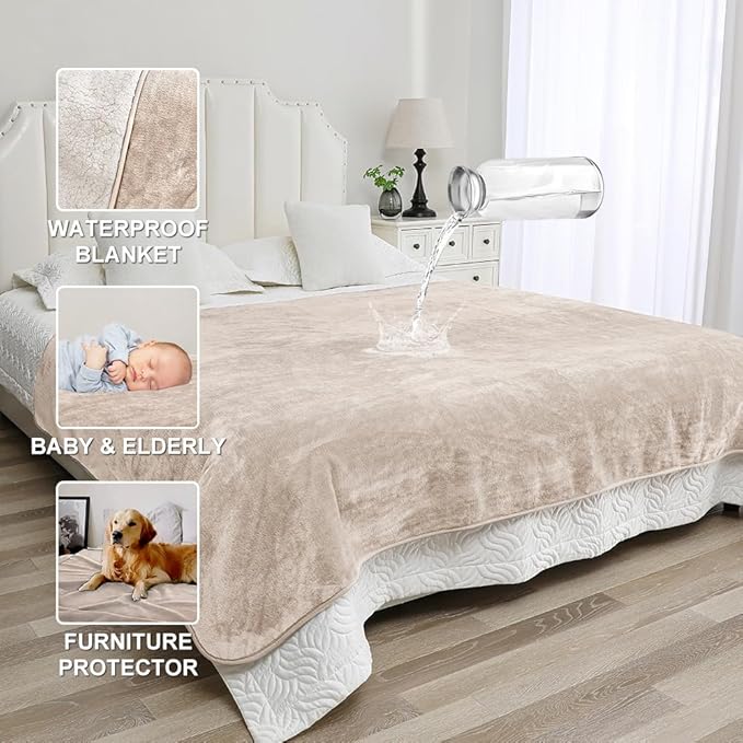 Waterproof Blanket for Couples – Ideal for Couch & Bed Splash Proof Sherpa Throw, Leakproof TPU Layer, Stain Resistant Washable Bed Protector – Khaki, 80"x60"