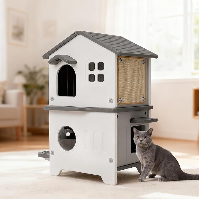 Rockever Outdoor Cat House, 2-Story Waterproof Cat House for Outdoor Cats with Escape Door, Elevated Feral Cat House Indoor, Sturdy Stainless Steel Bowl & Scratching Post, Clean Easily(Grey)