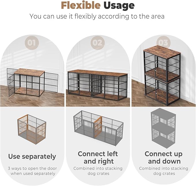 Lyromix 48'' Stackable Dog Crate Furniture Large Breed with Double Rooms,Wooden Dog Crate Heavy Duty Dog Kennel Indoor with Removable Divider for Small to Medium Dogs, Can Use Separately