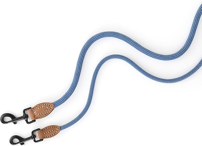 Mile High Life Small Dog Leash, Thin Rope Leash with Genuine Leather Connection and Heavy Duty Metal Clasp, Great for Small Medium Dogs(Blue White,72 Inch-1/3)