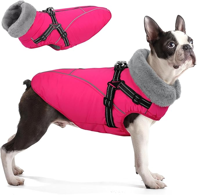 Queenmore Large Dog Coat,Dog Jacket for Extra Large Dogs with Harness Built in,Reflective Waterproof Dogs Jackets with Fleece Lining,Warm Snowsuit Pet Coats for Doberman,Labrador,Rosered,XXL